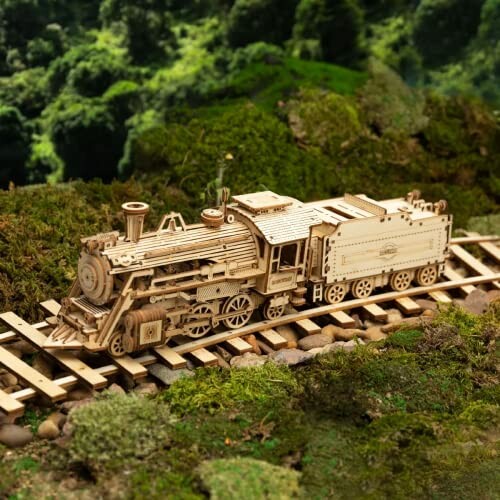 Wooden train model on tracks with greenery background