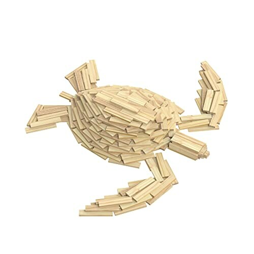 Wooden turtle figure made from stacked blocks.