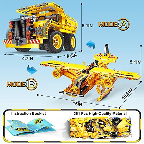 Yellow construction toy set with vehicle and plane modes, includes instruction booklet and 361 pieces.