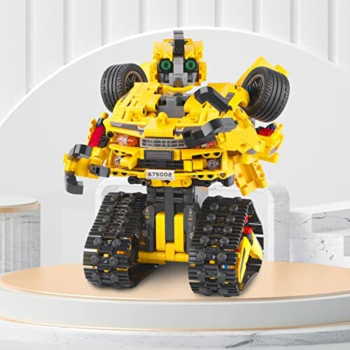 Yellow robot toy made from building blocks on display stand.