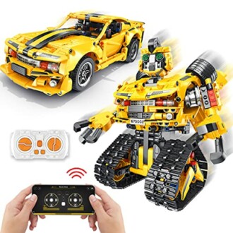 Yellow toy car and robot transformer with remote control.